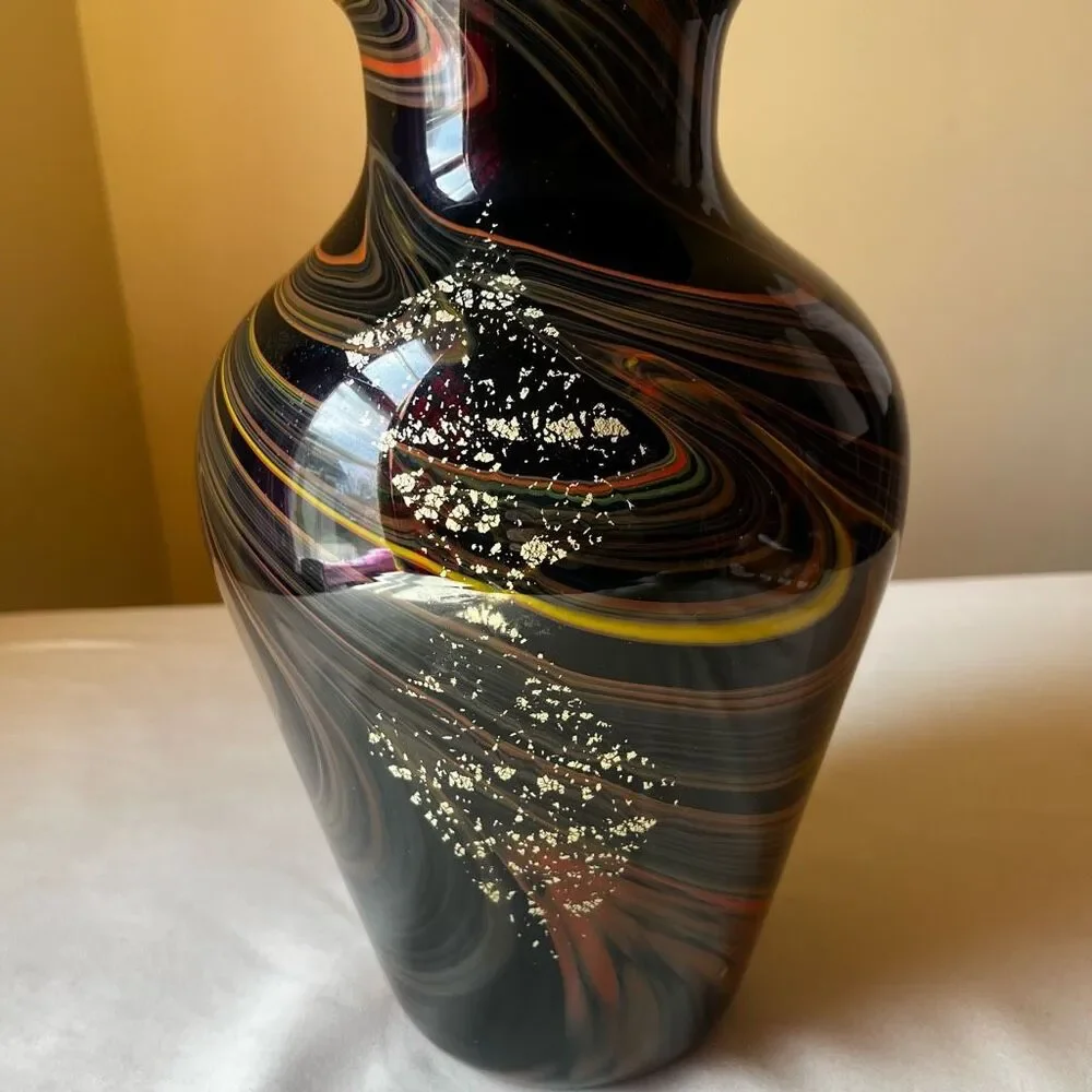 Murano Style Art Glass Vase Hand Blown Black with Gold Foil Mid Century Modern - Picture 2 of 12